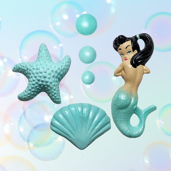 Retro Chalkware Mermaid + Bubbles - + Shell - Starfish  COMPLETE SET - Picture 1 of 2